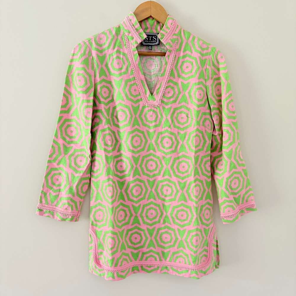 Sail to Sable Tunic Top XS Pink Green Linen Geometric Preppy Ric Rac Trim STS